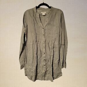 Prairie Style Ruffhewn Cotton Pleated Button-Up Top Green Women’s Size M